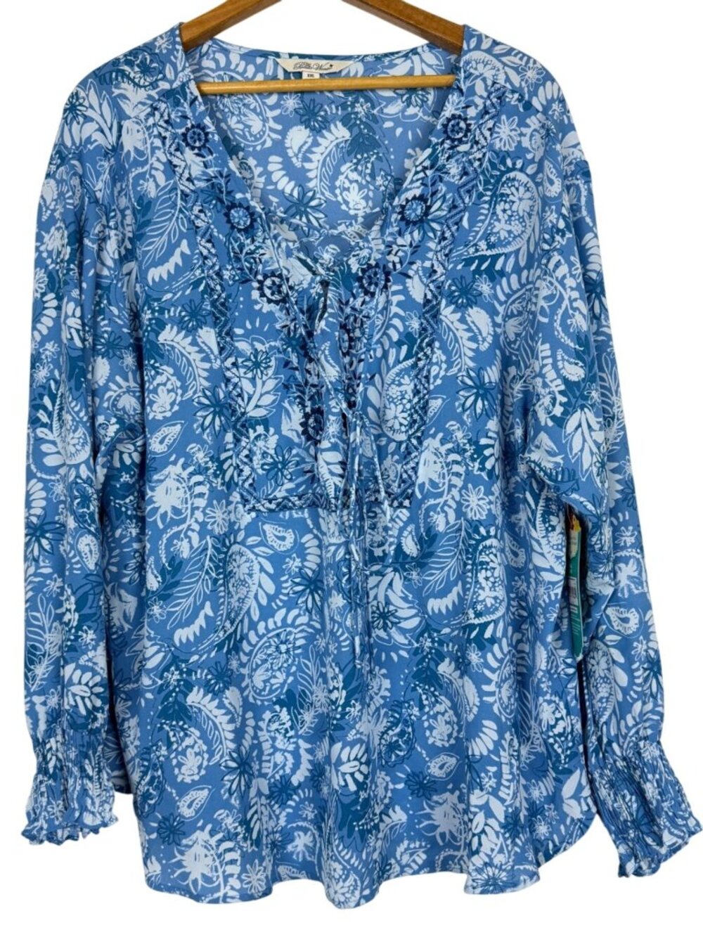 The Pioneer Woman XXL Paisley Lace Up Peasant Blouse Long Sleeve Blue White New